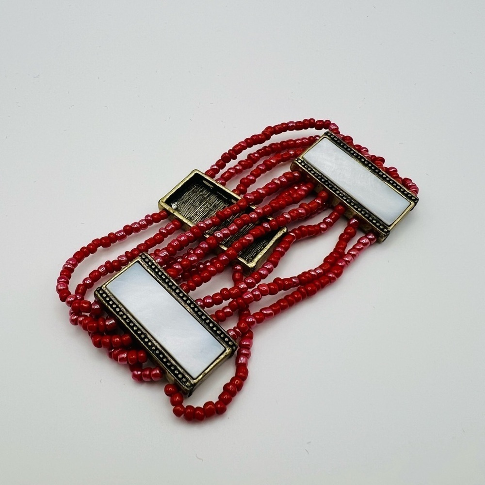 Vintage Red Beaded Stretch Bracelet Mother of Pearl Panels Boho